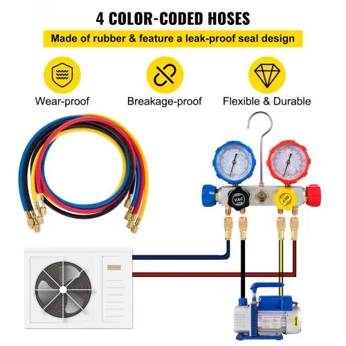 VEVOR Vakuumpumpe für Klimaanlagen, 136 l/min, Vakuumpumpe für Kältetechnik HVAC 1/3 HP mit 4-Wege-Manometer-Kit und Schlauch 1440 U/min Tragetasche für Autoklimaanlagen Kältetechnik – Bild 4