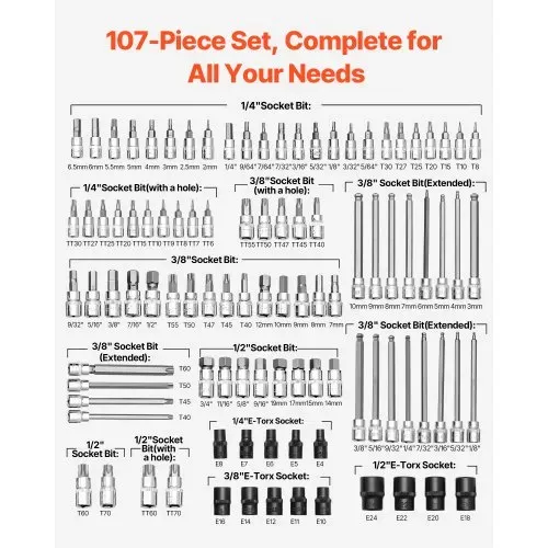VEVOR Bohrer-Steckschlüsselsatz, 107-tlg. Sechskant/Torx/Außen-Torx/manipulationssicher/extra lang, S2-Legierungsstahl und Cr-V-Stahl, 1/4, 3/8 und 1/2 Zoll Antrieb, mit Aufbewahrungskoffer – Bild 2