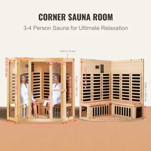 VEVOR Ferninfrarot-Holzsauna, Sauna-Spa für Zuhause, für 3 bis 4 Personen, Niedrige EMF-Ferninfrarot-Sauna aus Hemlockholz mit gehärteter Glastür & Bluetooth-Lautsprechern & Farblichttherapie, 2470 W für den Innenbereich – Bild 5