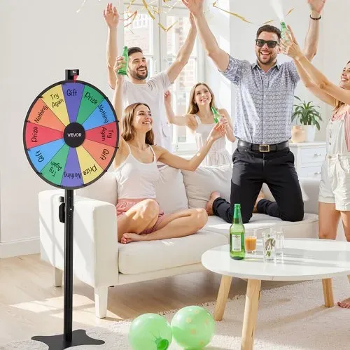VEVOR Glückrad 24 Zoll Glücksrad zum Drehen 12 Slots Drehrad mit Ständer Abwischbarer Oberfläche & 2 Markern Höhenverstellbar Roulette-Spinner Glückspiel für Partys Kneipen Messen & Karneval – Bild 7