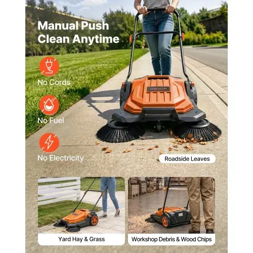 VEVOR Kehrmaschine Manuell, Handkehrmaschine mit 650 mm Arbeitsbreite, 18,9-L-Kehrbehälter & Verstellbarem Klappgriff, Bodenreinigungsmaschine für Höfe, Gehwege, Terrassen & Garagen – Orange – Bild 2