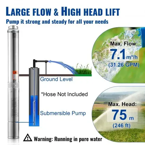 VEVOR Tiefbrunnen-Tauchpumpe, 750 W, 230 V, 60 Hz, 7,1 m³/h max. Durchfluss, 75 m max. Förderhöhe, mit 9,1 m Stromkabel, Edelstahl-Wasserpumpe für Industrie, Bewässerung und Heimgebrauch, IP68-Wasserschutzklasse – Bild 2