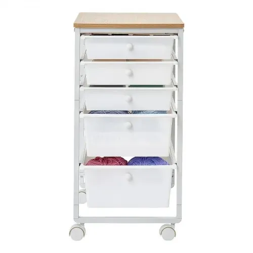 VEVOR Rollwagen mit 5 Schubladen Mobiler Rollcontainer 400x330x635mm Weiß, Metallgestell, Holztischplatte, Handgriffe, Lenkrolle mit 2 Bremsen, Aufbewahrungswagen für Büro Bastelzimmer Schlafzimmer – Bild 9