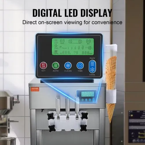 VEVOR Kommerzielle Eismaschine, 1800 W, 3-Geschmacksrichtungen, Softeismaschine Arbeitsplatte, 2 x 4 L Trichter, 2 x 1,8 L Zylinder, LCD-Bildschirm, Automatische Reinigung, Vorkühlung – Bild 4