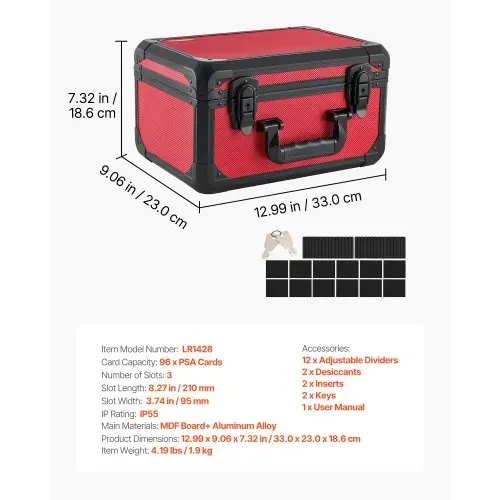 VEVOR Kartenaufbewahrungsbox für 96 PSA-Slab-Karten Karten-Sammelbox Rot, Geeignet für 76 SGC, 68 BGS, 347 Toploader oder über 999 Lose Karten, mit 3 Reihen, Tragegriff, 12 Trennfächern & Schlüsseln – Bild 6