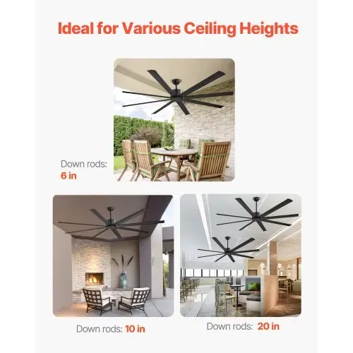 VEVOR 213 cm Deckenventilator ohne Beleuchtung, 6-Gang-Fernbedienung, 8 Flügel aus Alu, umkehrbarer Gleichstrommotor, Ventilator für Schlafzimmer, Wohnzimmer, Terrasse, Innen-/Außenbereich, schwarz – Bild 5
