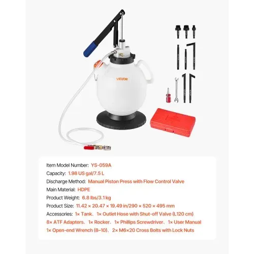 VEVOR Getriebeölpumpe, 7,5 L Fassungsvermögen, Manuelles ATF-Öleinfüllgerät mit 8 ATF-Adaptern & 120 cm Auslass, Ölabsaugpumpe mit HDPE-Tank für Autos & Rasenmäher – Bild 6