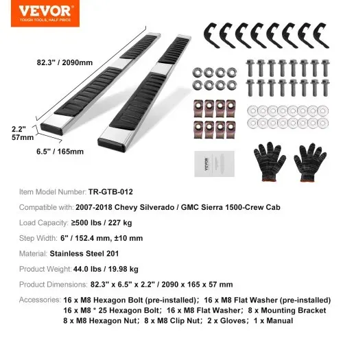 VEVOR 6 Zoll Trittbretter kompatibel mit 2007–2018 Chevy Silverado/GMC Sierra 1500 Crew Cab/2019 2500HD 3500HD 1500 LD, 201 Edelstahl-Seitentrittbretter, Tragkraft 227 kg, 2-teilig – Bild 6