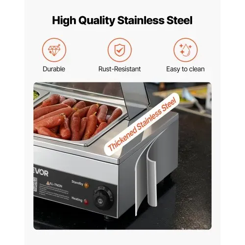 VEVOR kommerzieller Speisenwärmer mit Glasabdeckung & 5 Behälter (1/2-Größe) 1,5 kW Buffetwärmer Edelstahl, Buffetbehälter Buffet-Wasserbad Speisenwärmstation für Restaurants Partys Buffets – Bild 4