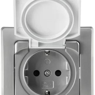 DELPHI Schutzkontakt-Steckdose IP44 250V~/ 16A, inkl. Rahmen, UP, silber DELPHI Schutzkontakt-Steckdose IP44 250V~/ 16A, inkl. Rahmen, UP, silber