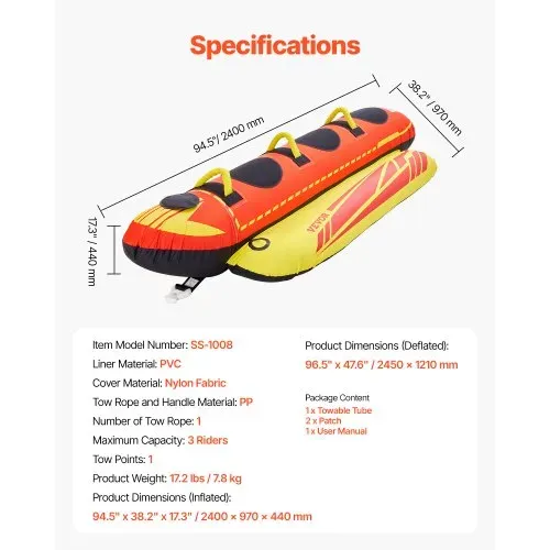 VEVOR Fun Tube Set, Aufblasbare Schleppboote für 1–3 Personen, 231 kg Wassersport-Schleppschlauch mit vollständiger Nylonhülle, gepolsterten Griffen und Geschwindigkeits-Sicherheitsventil – Bild 6