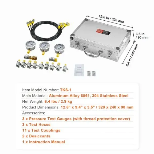 VEVOR Hydraulikdruck-Testset, 250 / 400 / 600 bar, 3 Messgeräte, 11 Prüfkupplungen, 3 Prüfschläuche, Bagger-Hydraulik-Testmessgeräte-Set mit Tragbarer Tragetasche für Bagger, Traktoren, Baumaschinen – Bild 6
