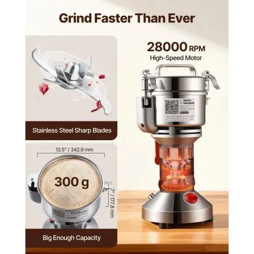 VEVOR elektrische Getreidemühle Hochgeschwindigkeits-Gewürzmühlen 1500 W 300 g, Pulverisiermaschine aus Edelstahl, für trockene Körner Gewürze Müsli Kaffee Mais Pfeffer Silber 180 x 160 x 355 mm – Bild 3