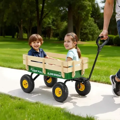 VEVOR Handwagen für Kinder, 102 cm Bollerwagen, Transportwagen mit Schiebestange, aus Holz & Metal, max. 150 kg tragbar, ideal für Kinder ab 5 Jahren, Garten, Ausflüge & Strand, Farbe Grün & Gelb – Bild 7