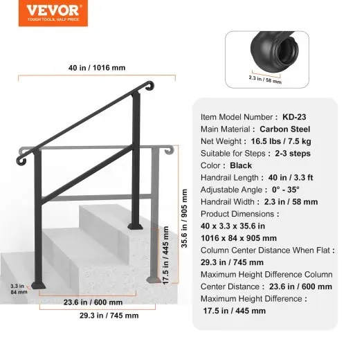 VEVOR Handläufe für Außentreppen, 2–3-stufiger Treppenhandlauf & Innengeländer-Set, Geländer für Außentreppen mit Montagesatz, Handläufe für Senioren, Verandageländer & Deckhandlauf, 1016 mm, schwarz – Bild 6