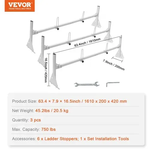 VEVOR Dachleiterträger Relingträger 3 Stk. 1430–1560 mm Länge Einstellbar Truck Rack 200–215 mm Höhe, 340 kg Belastbar Lkw Gepäckträger Racks Aluminiumlegierung gegen Rost, Korrosion Dachträger – Bild 6