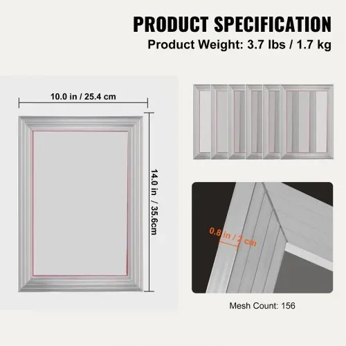 VEVOR Siebdruck Kit, 6 Stk. Aluminium Siebdruck Rahmen, 254x355,6 mm Siebdruck Rahmen mit 156 Mesh, Hochspannung Nylon Mesh & Dichtungsband für T-Shirts, DIY Druck usw. – Bild 6