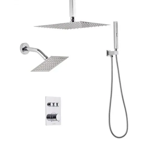 VEVOR Duschsystem-Set mit 12 Zoll Regenduschsystem / 6 Zoll Wandmontagekopf / 2 in 1 Handbrause, drehbarer Doppelregenkopf (3 Funktionen), Messingventil und Verkleidungssatz, Chrom thermostatisch – Bild 8