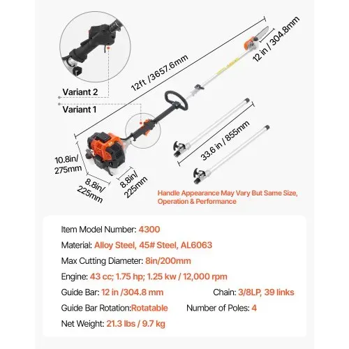 VEVOR Benzin-Hochentaster 43ccm Hubraum 2-Takt, Motorsäge mit rotierendem Kopf, Teleskopsäge mit 2,16-3,66 m ausziehbarer Stange, 25,4 cm Schwert, 850 ml Kraftstofftank, zum Baumschneiden – Bild 6