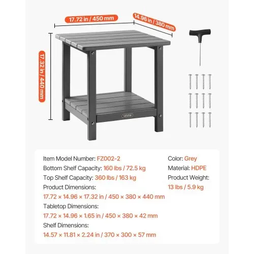 VEVOR Beistelltisch Kunststoff, 45x38x44 cm, Gartentisch aus HDPE, Balkontisch mit 2 Ablagen, Nachttisch, Couchtisch, Dekotisch, geeignet für Terrasse, Pool, Strand, Veranda, Garten, Grau – Bild 6