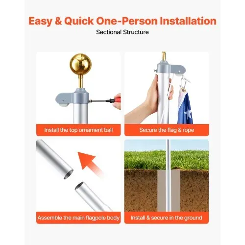 VEVOR Fahnenmast 6 m, Mehrteiliges Flaggenmast-Set für den Außenbereich, Extra Dicke Aluminium-Fahnenstange mit PVC-Bodenhülse, Ideal für Garten, Private & Gewerbliche Nutzung, Silber – Bild 4