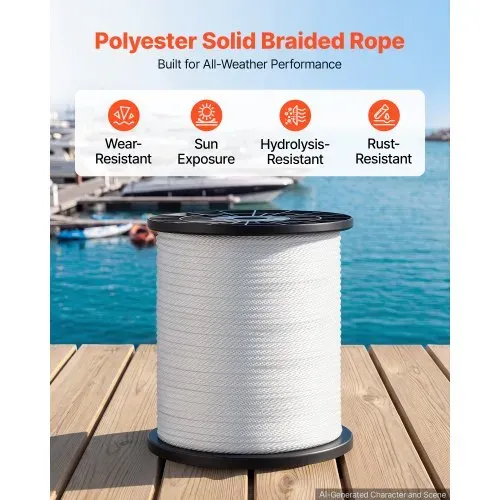 VEVOR Polyesterseil 6,4 mm x 152 m Massiv Geflochtenes Universalseil Weiß, UV-beständiges Allzweckseil für Festmacher Zeltaufbau Camping & Heimgebrauch, 522 kg Bruchlast, 12 Stränge, mit Seilspule – Bild 4