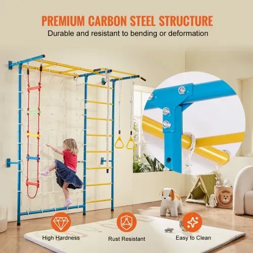 VEVOR Sprossenwand Turnwand Klettergerüst für Kleinkinder, 7-in-1-Kletterspielset mit schwedischer Leiter aus Karbonstahl, Klimmzugstange & Strickleiter & Turnringen 100 kg belastbar mehrfarbig – Bild 3