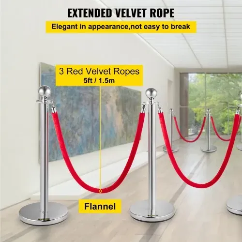 VEVOR Edelstahl Absperrpfosten Seil Abgrenzungsständer Kugelkopf 3 Rote Samtseile Silberne Säule 4 Packung Crowd Control Barriers – Bild 3