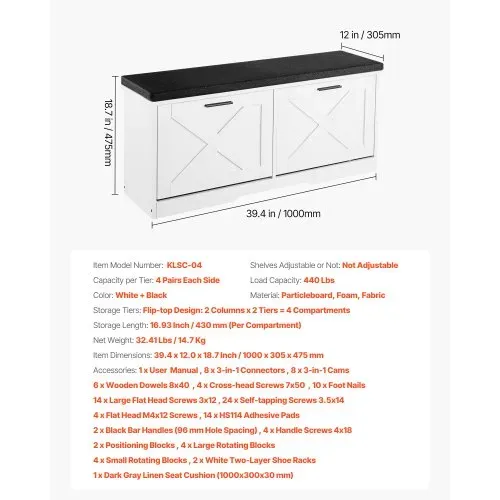 VEVOR Schuhbank mit 2 Klappen 200kg Schuhkipper Schuhkommode 1000x305x475mm, für Flur Wohnzimmer Schlafzimmer, Schuhschrank mit 2 Flip-Schubladen, Gepolstertem Sitzkissen, aus Spanplatte, Schwarz-Weiß – Bild 6