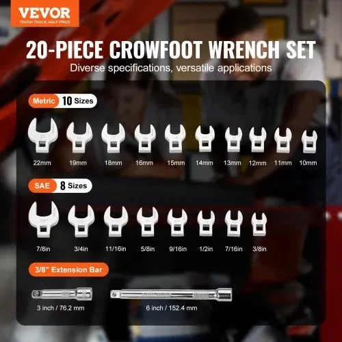 VEVOR Crowfoot-Schlüsselsatz, 9,525 mm Antrieb, 20-teiliger Crowsfoot-Schlüsselsatz mit 2 Verlängerungsstangen und EVA-Werkzeug-Organizer, SAE 3/8-2.22cm und metrisch 10-22mm, 40CR-Material VEVOR Crowfoot-Schlüsselsatz, 9,525 mm Antrieb, 20-teiliger Crowsfoot-Schlüsselsatz mit 2 Verlängerungsstangen und EVA-Werkzeug-Organizer, SAE 3/8-2.22cm und metrisch 10-22mm, 40CR-Material