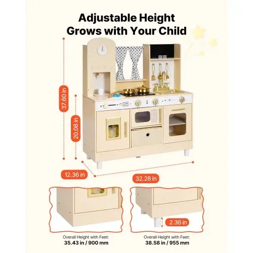 VEVOR Spielküche für Kinder, Moderne Kinderküche mit Licht & Sound, Holzküche mit Herd Backofen Spüle Mikrowelle Eisspender & Getränkespender, Küchenspielzeug mit Kochset für Kinder ab 3 Jahren, Beige – Bild 6
