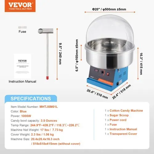 VEVOR Elektrische Zuckerwattemaschine, 1000 W Zuckerwattegeräte, Kommerzielle Zuckerwattemaschine mit Abdeckung, Edelstahlschüssel & Zuckerlöffel, Perfekt für Familienfeiern, Partys (Blau) – Bild 6