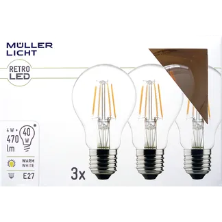 LED Filament Glühlampe, E27, 4W, 470lm, 2700K, warmweiß, 3er Set LED Filament Glühlampe, E27, 4W, 470lm, 2700K, warmweiß, 3er Set
