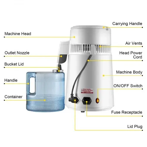 VEVOR Wasserdestilliergerät Trinkwasser, 750 W Wasser Destilliergerät 1,3 L/H Destilator Wasser Destilliergerät, 304 Edelstahl weißes Destilliermaschine mit Handgriff, Thermostat – Bild 9