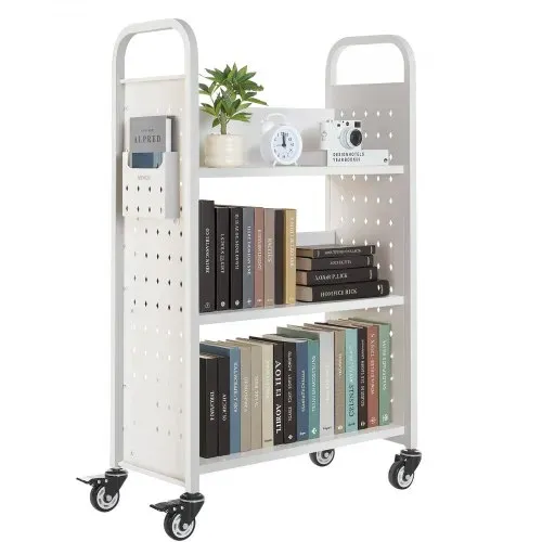 VEVOR Bücherwagen, 150 kg Tragkraft, Bibliothekswagen, 77 x 38 x 122 cm, einseitiges L-förmiges Bücherregal mit Doppelbremsrollen, Bücherregalwagen für Wohnzimmer, Büro, Schule, Weiß – Bild 9