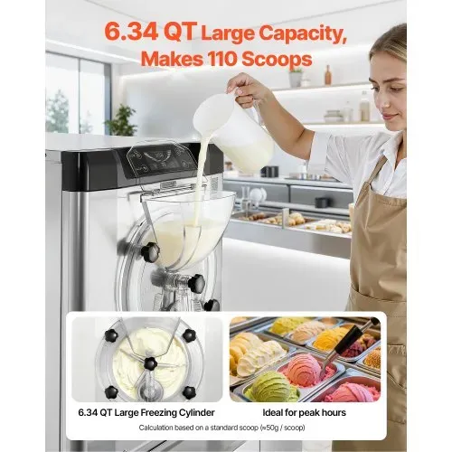 VEVOR Gewerbliche Eismaschine Eiscrememaschine 2000 W 12–20 L/h, Tischgerät für Gelato mit 6 L Edelstahlbehälter (304) & Selbstreinigendes LED-Bedienfeld für Snackbars Restaurants Silber – Bild 2