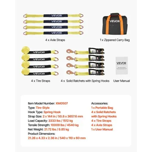VEVOR Radspanngurt Befestigungsgurt (50,8 x 3657,6 mm) mit Federhaken & 4540 kg Zugfestigkeit & 1512 kg Tragfähigkeit, Motorrad-Spannsystem Radsicherungsgurt Reifengurt für SUVs Anhänger – Bild 6