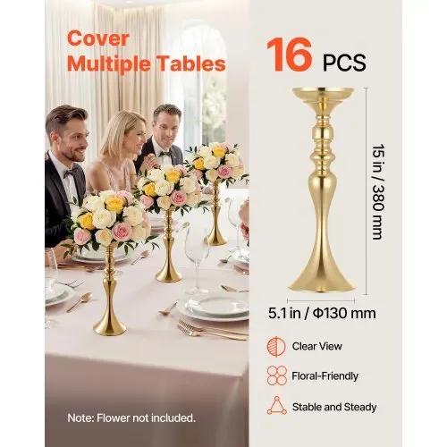 VEVOR 16 Stk. Hochzeitsvasen Tafelaufsatz Blumenvasen für Hochzeit 38 cm Hoch, Metall Tafelaufsatz Vasen mit Blumenständern, Mittelstück Tischvase für Hochzeiten Party Jubiläumsfeier Zeremonie, Gold – Bild 2