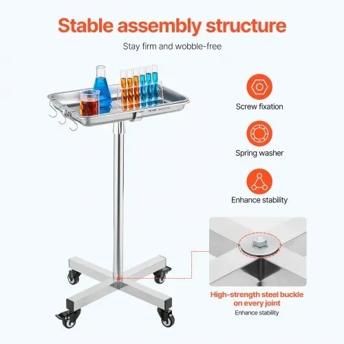 VEVOR Laborwagen Servierwagen Edelstahl mit abnehmbaren Tabletts aus Edelstahl Tragkraft bis 16 kg, einstellbare Höhe 64-101cm, medizinisches Tablett für Spa Salon Klinik Körperpflege Silber – Bild 2