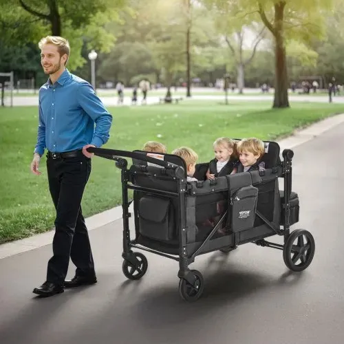 VEVOR Kinderwagen für 4 Kinder, Push-Pull-Reisebuggy mit verstellbarem Griff, Sicherheitsgurt und abnehmbarem Verdeck, 4-Sitzer-Bollerwagen für Camping, Dunkelgrau und Schwarz (150 kg Tragkraft) – Bild 7