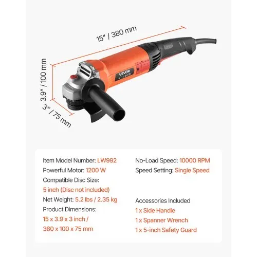 VEVOR Winkelschleifer, 127 mm, Trennschleifer, 10.000 U/min, Schleifer mit Kabel & verstellbarem Staubschutz zum Schleifen, Schneiden & Entrosten von Metall (Scheibe nicht im Lieferumfang enthalten) – Bild 6