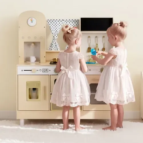 VEVOR Spielküche für Kinder, Moderne Kinderküche mit Licht & Sound, Holzküche mit Herd Backofen Spüle Mikrowelle Eisspender & Getränkespender, Küchenspielzeug mit Kochset für Kinder ab 3 Jahren, Beige – Bild 7