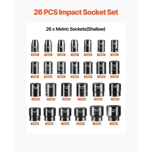 VEVOR Schlag-Steckschlüsselsatz 1/2 Zoll, 26-teilig, Schlag-Steckschlüssel, flache Stecknüsse, 6-Kant-Steckschlüssel, CR-V, 1/2 Zoll Antriebs-Steckschlüsselsatz Schlag metrisch 10-36 mm – Bild 2