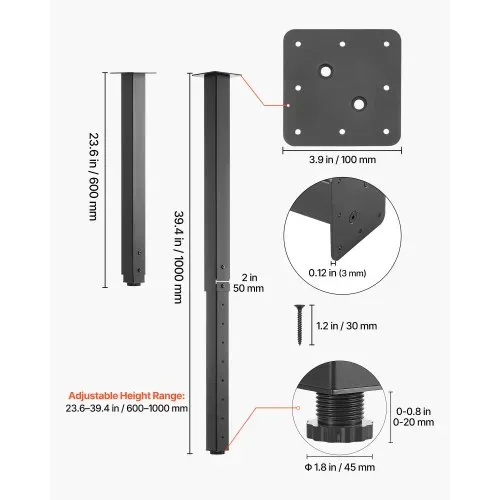 VEVOR Tischbeine 4er-Set, Möbelfüße 60–100cm Höhenverstellbar, Tischfüße Max. 544 kg, Teleskopbein aus Kohlenstoffstahl, für Schreibtische, Couchtische, Esstische, Werkbänke, Quadratisch – Bild 4