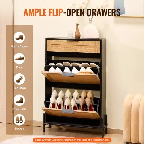 VEVOR Schuhschrank Schuhkommode aus Rattan mit 2 Klappschubladen & 1 Ausziehschublade, Metallbeine, schmaler Schuhschrank ideal für Eingangsbereich Diele Schrank Flur Schuhkipper Schwarz – Bild 3