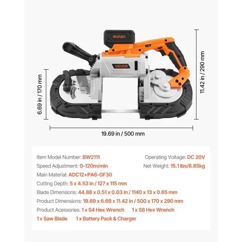 VEVOR 20 V Akku Bandsäge, 127x115mm Schnitttiefe, Metallbandsäge mit bürstenlosem Motor, 4000-mAh-Akku und Ladegerät, 0–120 m/min variable Drehzahl, zum Schneiden von Metall, Holz – Bild 6
