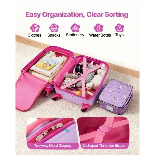 VEVOR 5 tlg. Kinderkoffer Set, 457,2 mm, Hartschalenkoffer mit Kindertrolley, Rucksack, Nackenkissen, Lunchbox & Kofferanhänge, Kofferset fürJungen & Mädchen, praktisch für Reisen Fliegen (Einhorn) – Bild 2