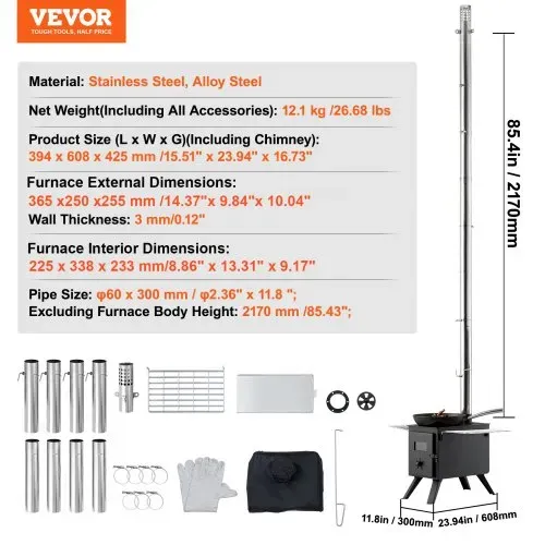 VEVOR Zeltofen 394 x 608 x 425 mm Campingherde 225 x 338 x 233 mm Ofen-Innenmaße Gartenofen Campingofen Werkstattofen Holzofeno outdoor kocher outdoor Küche für Camping Outdoor Heizung – Bild 6