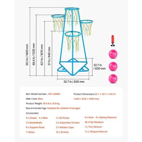 VEVOR Basketballkorb für Kinder, 4-Korb-Basketballkörbe für Kinder, tragbarer Basketballständer mit einstellbarer Höhe & 3 Bällen, Basketball-Spielzeugset für Kinder jeden Alters, Jungen und Mädchen – Bild 6