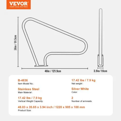 VEVOR Pool-Handlauf, 2 Stück, 1220 x 905 x 100 mm, Pooleinstieg Edelstahl mit Grundplatte für Innen-/Außenpools, Einstieghilfe für Schwimmbäder, Haltegriff mit Griffabdeckung & Zubehör für Spas – Bild 6